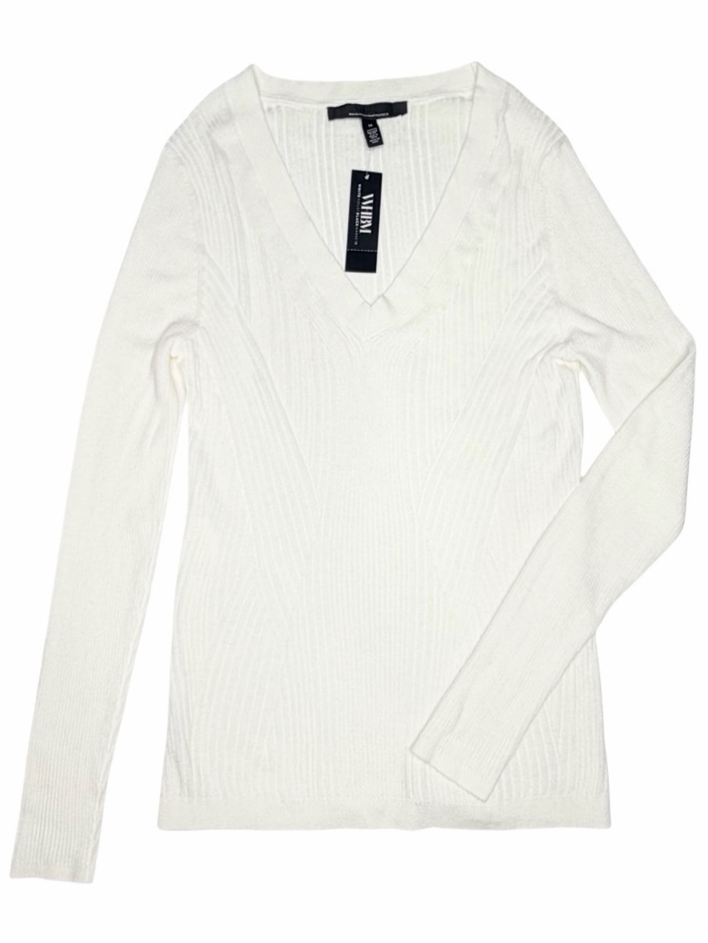 White House Black Market WHBM Ribbed Pattern V-Neck Sweater Sophisticated Preppy